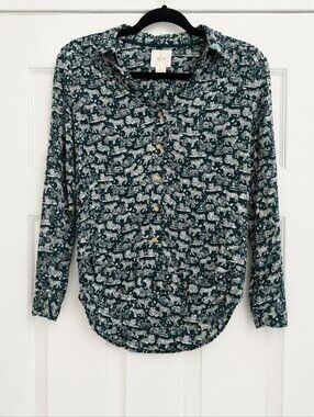 Maeve by Anthropologie Safari Amara Tiger Blouse Green White Eclectic Size 4